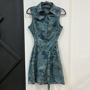 New York & Company Abstract Sleeveless Tie Waist Dress Size 8 Pockets Collar